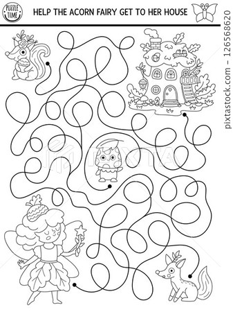 Black and white maze for kids with acorn fairy going to her house. Fairytale princess printable activity, coloring page. Magic forest, woodland labyrinth game, puzzle with squirrel, fox, mushroom Black and white maze for kids with acorn fairy going to her house. Fairytale princess printable activity, coloring page. Magic forest, woodland labyrinth game, puzzle with squirrel, fox, mushroom 126568620