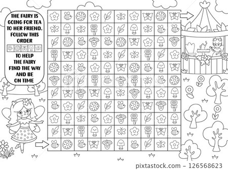 Woodland fairy black and white maze, seek and find game. Attention or follow order puzzle with girls drinking tea. Magic forest printable activity for kids. Fairytale logic puzzle, coloring page Woodland fairy black and white maze, seek and find game. Attention or follow order puzzle with girls drinking tea. Magic forest printable activity for kids. Fairytale logic puzzle, coloring page 126568623
