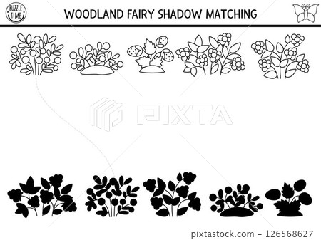 Woodland fairy black and white shadow matching activity with berries. Magic forest puzzle with strawberry. Find correct silhouette printable worksheet, game. Fairytale coloring page Woodland fairy black and white shadow matching activity with berries. Magic forest puzzle with strawberry. Find correct silhouette printable worksheet, game. Fairytale coloring page 126568627
