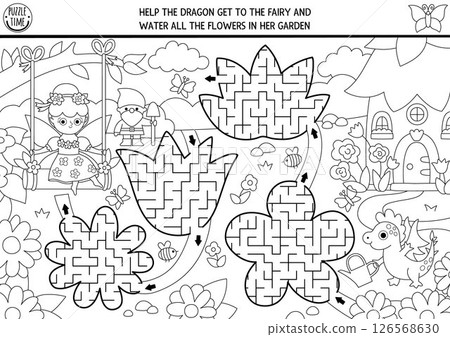 Black and white maze for kids with fairy, geometrical labyrinths shaped as flowers, house, magic garden. Fairytale printable activity with dragon watering plants. Labyrinth game, puzzle, coloring page 126568630