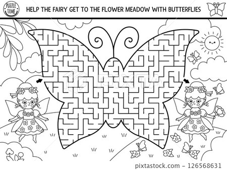 Black and white maze for kids with fairy, geometrical labyrinth shaped as butterfly. Fairytale princess printable activity. Labyrinth game, puzzle, coloring page with magic forest, girl, flower meadow 126568631
