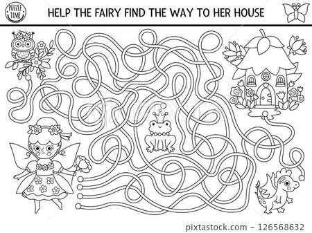 Black and white maze for kids with flower fairy going to her house. Fairytale princess printable activity, coloring page. Magic forest, woodland labyrinth game, puzzle with dragon, frog prince, owl 126568632