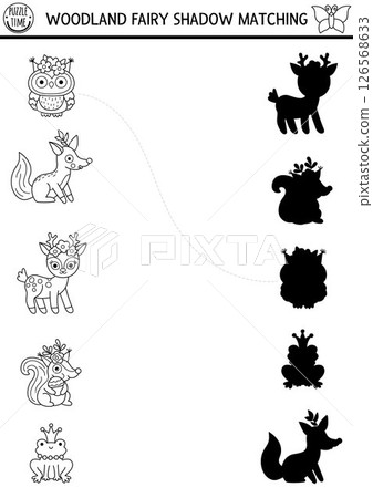 Woodland fairy black and white shadow matching activity with fantasy animal. Magic forest puzzle with owl, fox, squirrel. Find correct silhouette printable worksheet, game. Fairytale coloring page for Woodland fairy black and white shadow matching activity with fantasy animal. Magic forest puzzle with owl, fox, squirrel. Find correct silhouette printable worksheet, game. Fairytale coloring page for 126568633