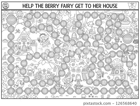 Woodland fairy black and white dice board game with magic forest background. Fairytale line boardgame.  Tabletop activity, printable worksheet, coloring page for kids with berry girl, house 126568640