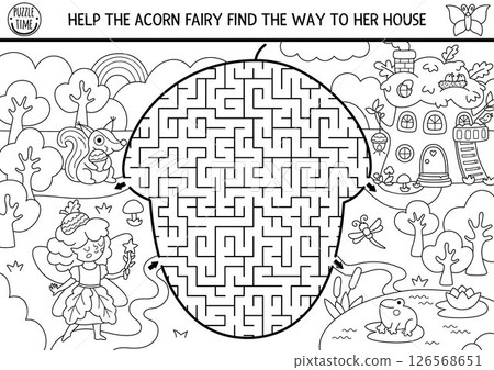 Black and white maze for kids with fairy, geometrical labyrinth shaped as acorn. Fairytale princess printable activity, coloring page. Labyrinth game, puzzle with tree house, magic landscape 126568651
