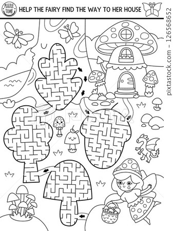 Black and white maze for kids with fairy, geometrical labyrinths shaped as mushroom, acorn, tree, leaf, Fairytale princess printable activity, coloring page. Labyrinth game, magic forest puzzle Black and white maze for kids with fairy, geometrical labyrinths shaped as mushroom, acorn, tree, leaf, Fairytale princess printable activity, coloring page. Labyrinth game, magic forest puzzle 126568652