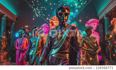 A fashionable concept, a statue of David in sunglasses stands in the hall of a modern museum along with other statues 126568771