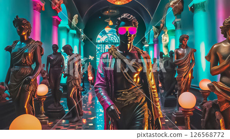 A fashionable concept, a statue of David in sunglasses stands in the hall of a modern museum along with other statues A fashionable concept, a statue of David in sunglasses stands in the hall of a modern museum along with other statues 126568772