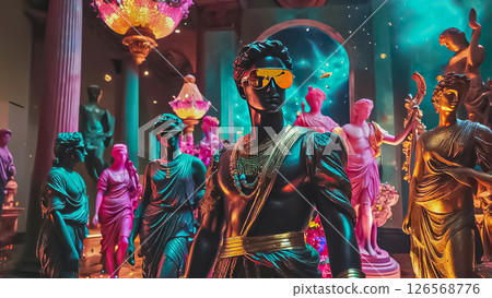 A fashionable concept, a statue of David in sunglasses stands in the hall of a modern museum along with other statues A fashionable concept, a statue of David in sunglasses stands in the hall of a modern museum along with other statues 126568776