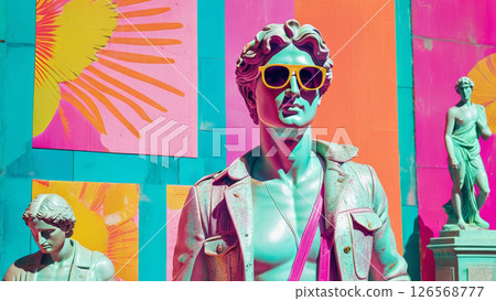 A fashionable concept, a statue of David in sunglasses stands in the hall of a modern museum along with other statues 126568777