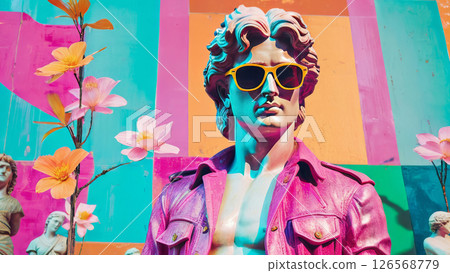 A fashionable concept, a statue of David in sunglasses stands in the hall of a modern museum along with other statues A fashionable concept, a statue of David in sunglasses stands in the hall of a modern museum along with other statues 126568779