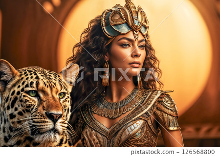 Beautiful and warlike Egyptian queen riding a royal cheetah 126568800