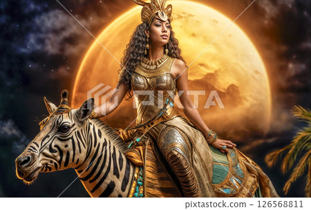 Beautiful and warlike Egyptian queen riding a royal giraffe 126568811