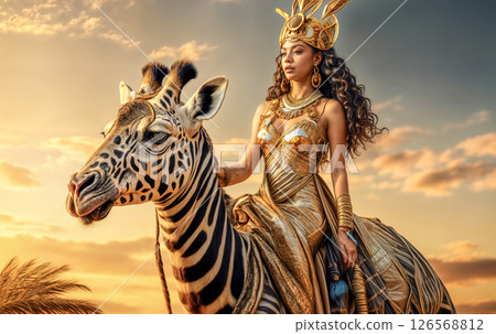 Beautiful and warlike Egyptian queen riding a royal giraffe 126568812