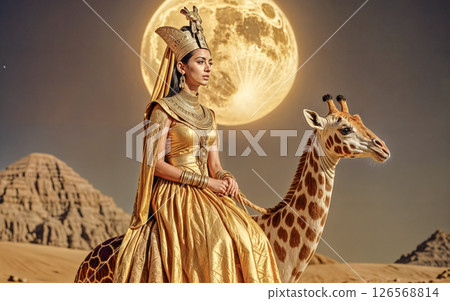 Beautiful and warlike Egyptian queen riding a royal giraffe 126568814