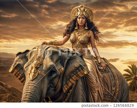 Beautiful and warlike Egyptian queen riding a royal elephant 126568829