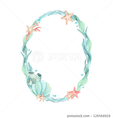Frame algae, seaweed, starfish, seashell, sea sponges, underwater bubbles. Watercolor illustration mint turquoise coral colors isolated from background. Oval wreath, template in sea theme kids design 126568928