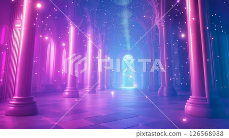 Vibrant purple palace illuminated by glowing hues in a surreal fantasy interior 126568988