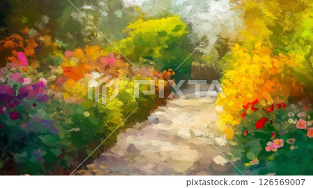 Colorful garden filled with blooming flowers under a bright sky on a sunny afternoon 126569007