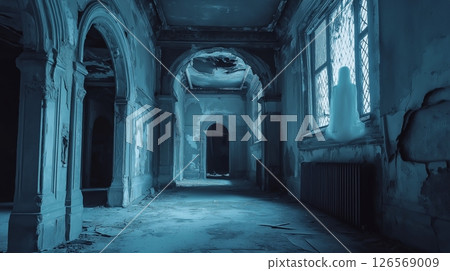 Atmospheric interior of an abandoned building with sunlight streaming through stained glass windows in a forgotten room 126569009