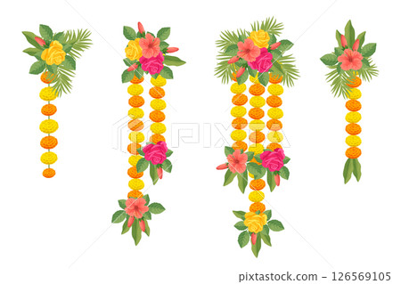 Traditional Indian floral garland with marigold flowers, roses, mango leaves. Traditional Indian floral garland with marigold flowers, roses, mango leaves. 126569105