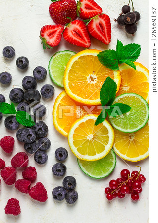 mix of fruits and berries,set, assortment, sliced citrus fruits, raspberries, blueberries, mint leaves, strawberries, red currants, food background, fruit wallpaper, mix of fruits and berries,set, assortment, sliced citrus fruits, raspberries, blueberries, mint leaves, strawberries, red currants, food background, fruit wallpaper, 126569137