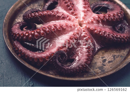 Boiled octopus, close-up, rustic style, no people, top view, close-up, 126569162