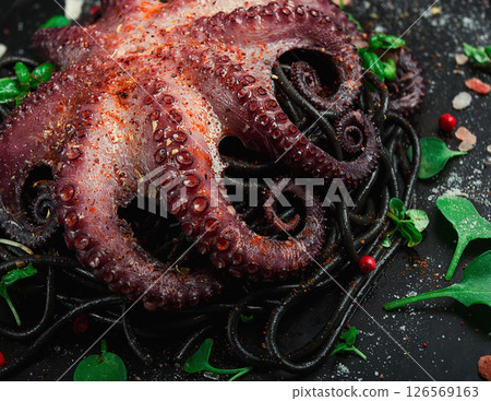 Octopus with black spaghetti, pasta, spices and herbs, top view, no people, 126569163