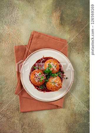 Crispy Arancini appetizer, with parmesan cheese and microgreens, plate, tomato sauce, homemade, no people, Crispy Arancini appetizer, with parmesan cheese and microgreens, plate, tomato sauce, homemade, no people, 126569169