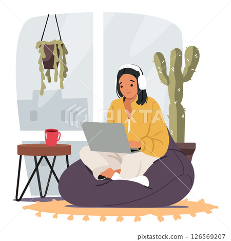 Young woman character wearing headphones working online on laptop at cozy home office cartoon scene Young woman character wearing headphones working online on laptop at cozy home office cartoon scene 126569207