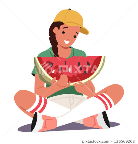 Pretty teenage girl cartoon characters eating watermelon berry holding sweet juicy slice in hands 126569208