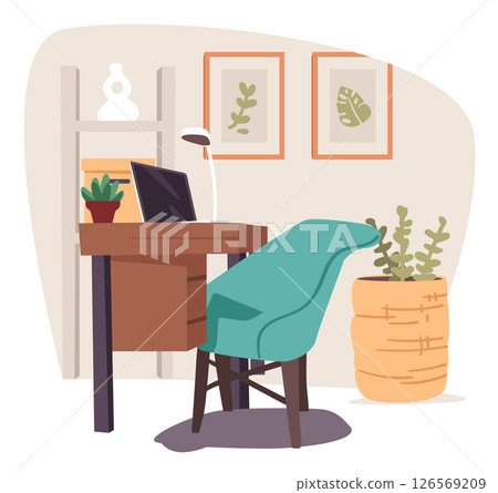 Empty cozy home office room with desk table, armchair and personal computer cartoon interior design Empty cozy home office room with desk table, armchair and personal computer cartoon interior design 126569209