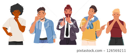 Young guys cartoon characters gesticulating mute sign keeping silence and speechless isolated set 126569211