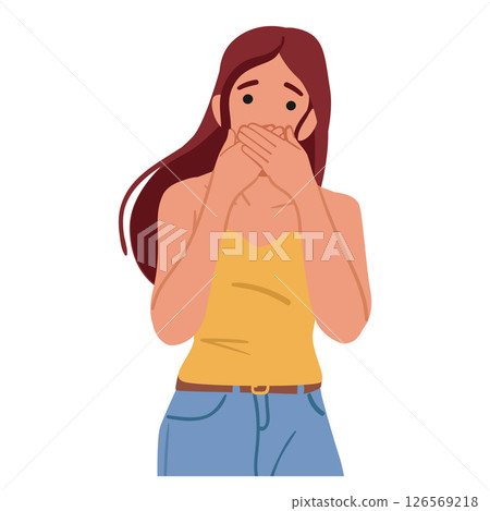 Teenage girl cartoon character feeling afraid due to say too much isolated portrait on white 126569218