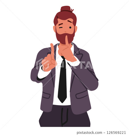 Hipster businessman isolated cartoon character gesturing keep silence gesture with two index fingers 126569221