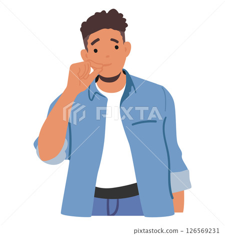 Young stylish guy cartoon character promising to keep silence gesturing trustworthy hand sign Young stylish guy cartoon character promising to keep silence gesturing trustworthy hand sign 126569231