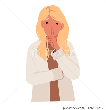 Young woman cartoon character gesturing silence putting finger on lips isolated on white background 126569242