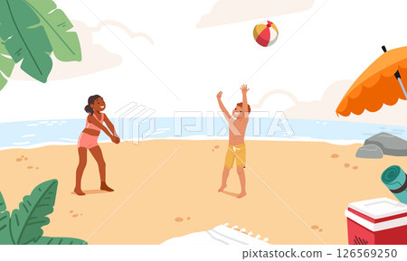 Happy children characters playing beach volleyball while enjoying active rest on tropical resort 126569250