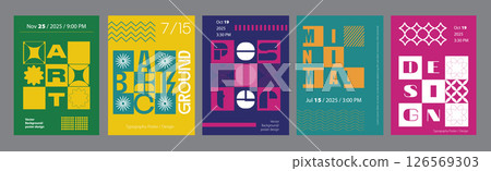 Minimalism geometric poster cover set. A4 banners with brutalism shapes, square mosaics, striped line prints, colourful minimal fliers. Modernism art design with Y2K aesthetics. Vector illustration. Minimalism geometric poster cover set. A4 banners with brutalism shapes, square mosaics, striped line prints, colourful minimal fliers. Modernism art design with Y2K aesthetics. Vector illustration. 126569303