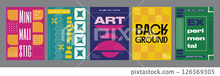 Minimalism geometric poster cover set. A4 banners with brutalism shapes, mosaic pattern wih square figures, bright groovy ornaments. Modernism art design with Y2K aesthetics. Vector illustration. 126569305