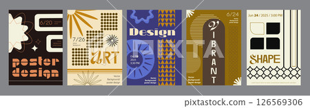 Minimalism geometric poster cover set. A4 banners with brutalism shapes, flower, star, sun elements, various grids, repeat ornaments. Modernism art design with Y2K aesthetics. Vector illustration. 126569306