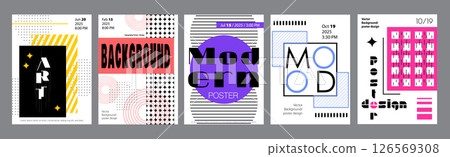 Minimalism geometric poster cover set. A4 banners with brutalism shapes, dots or striped prints, square or circle forms, vivid colours. Modernism art design with Y2K aesthetics. Vector illustration. 126569308