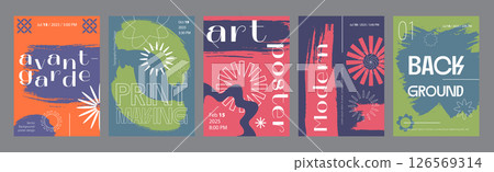 Minimalism geometric poster cover set. A4 banners with brutalism bold shapes, paint stain elements, abstract figures, trendy composition. Modernism art design with Y2K aesthetics. Vector illustration. Minimalism geometric poster cover set. A4 banners with brutalism bold shapes, paint stain elements, abstract figures, trendy composition. Modernism art design with Y2K aesthetics. Vector illustration. 126569314