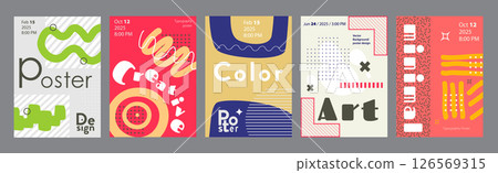 Minimalism geometric poster cover set. A4 banners with brutalism elements, colourful curve and wave form, abstract figures and patterns. Modernism art design with Y2K aesthetics. Vector illustration. 126569315