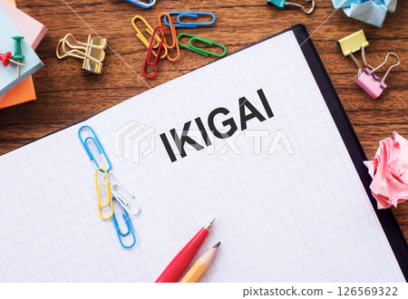 Notebook With Ikigai Written on a Page Surrounded by Stationery Objects on a Wooden Table 126569322