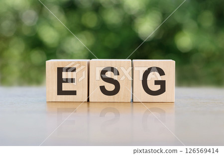 Wooden cubes standing on gray surface with letters ESG - short for environmental social governance on blurred green background. 126569414