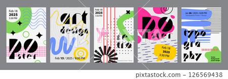 Minimalism geometric poster cover set. A4 banners with brutalism simple forms, trendy acid, bold textured shapes, dots grid, more. Modernism art design with Y2K aesthetics. Vector illustration. Minimalism geometric poster cover set. A4 banners with brutalism simple forms, trendy acid, bold textured shapes, dots grid, more. Modernism art design with Y2K aesthetics. Vector illustration. 126569438