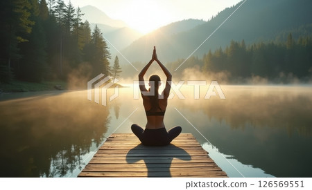a woman meditating or practicing yoga in a mountain lake 126569551