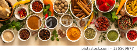 Variety of vibrant spices and dried herbs arranged on a beige backdrop, essential for culinary seasoning and enriching dishes with aromatic, natural flavors, banner Variety of vibrant spices and dried herbs arranged on a beige backdrop, essential for culinary seasoning and enriching dishes with aromatic, natural flavors, banner 126569677