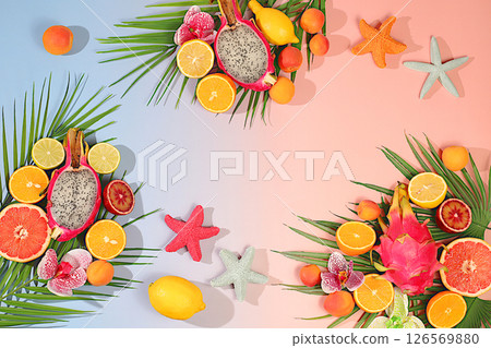Tropical background with exotic fruits, Sunny banner. Summer in a snapshot, Dragon fruit, pitaya, oranges, apricots, orchid flowers, grapefruit and seashells on palm leaves, template for your design. Tropical background with exotic fruits, Sunny banner. Summer in a snapshot, Dragon fruit, pitaya, oranges, apricots, orchid flowers, grapefruit and seashells on palm leaves, template for your design. 126569880